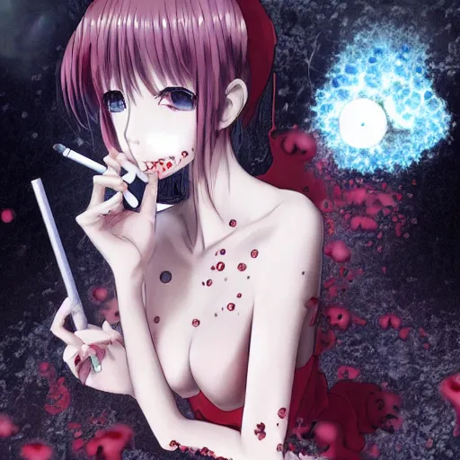Prompt: red-eyed beautiful shoggoth anime girl smoking a cigarette deviantart by amano yoshitaka hyperreality hd detailed