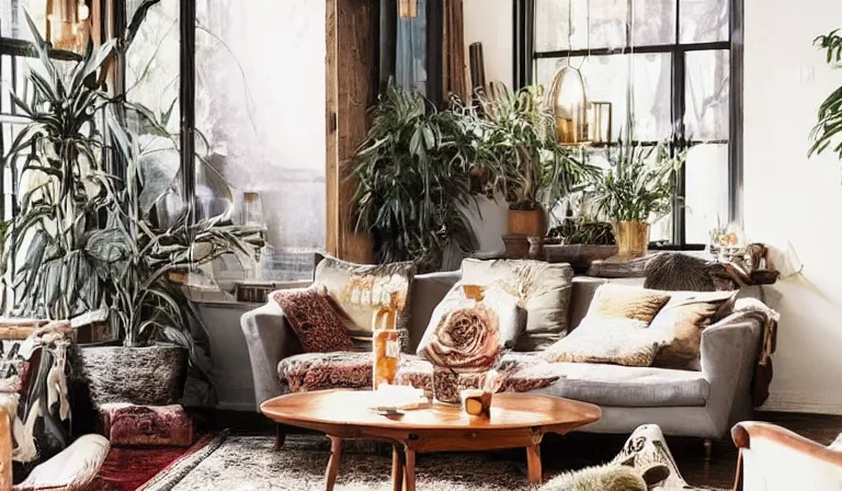 Image similar to sunrise 3 5 mm warm photo of a tastefully decorated bohemian living room with dark luxurious furnishings, and a mix of antique and modern furniture, and a mix of concrete and raw wood finishes, soft lighting