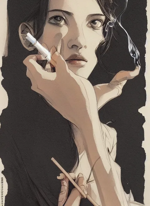 Image similar to portrait of a beautiful girl smoking a cigarette, by takehiko inoue and kim jung gi and hiroya oku, masterpiece illustration, ultrarealistic, perfect hands,