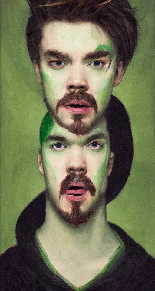 Image similar to jacksepticeye with dyed green hair renaissance portrait painting, chiaroscuro, oil paints on canvas