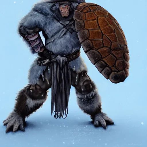 Image similar to anthropomorphic turtle barbarian humanoid, carapace, frank frazzeta, blizzard, winter, night, furs, fantasy