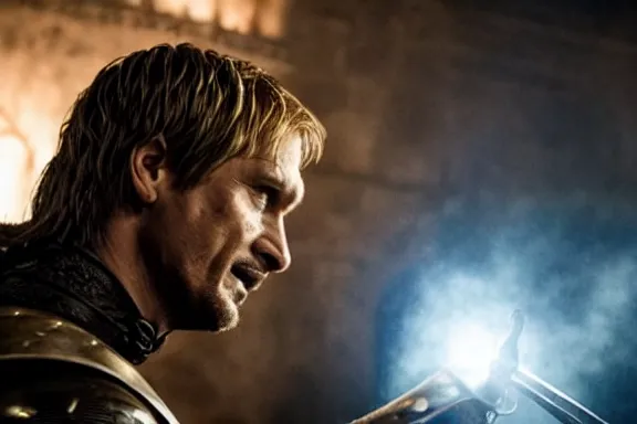 Image similar to very very intricate photorealistic photo of jaime lannister defeating cersei, photo is in focus with detailed atmospheric lighting, award - winning details