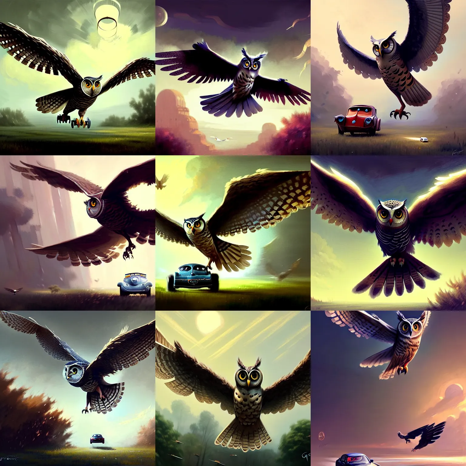 Prompt: a giant owl flying off with a toy car in its talons, digital art by greg rutkowski