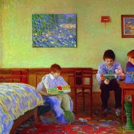 Prompt: monet painting of a 90s bedroom, kids sitting around playing nintendo, colorful,