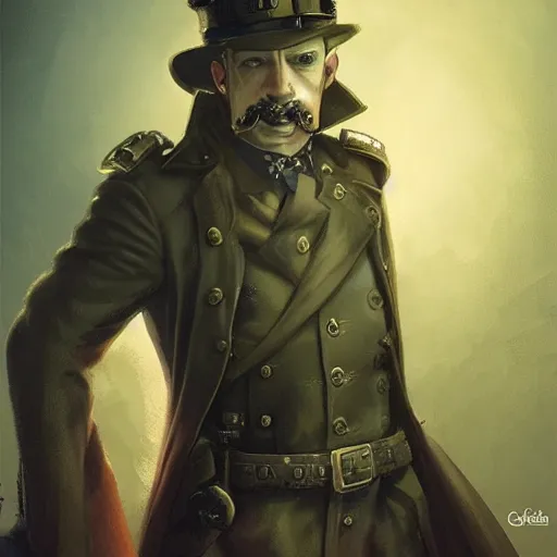 Image similar to steampunk soviet policeman, fog, darkness, evil, magic the gathering artwork, D&D, fantasy, cinematic lighting, centered, symmetrical, highly detailed, digital painting, artstation, concept art, smooth, sharp focus, illustration, volumetric lighting, epic Composition, 8k, art by Akihiko Yoshida and Greg Rutkowski and Craig Mullins, oil painting, cgsociety