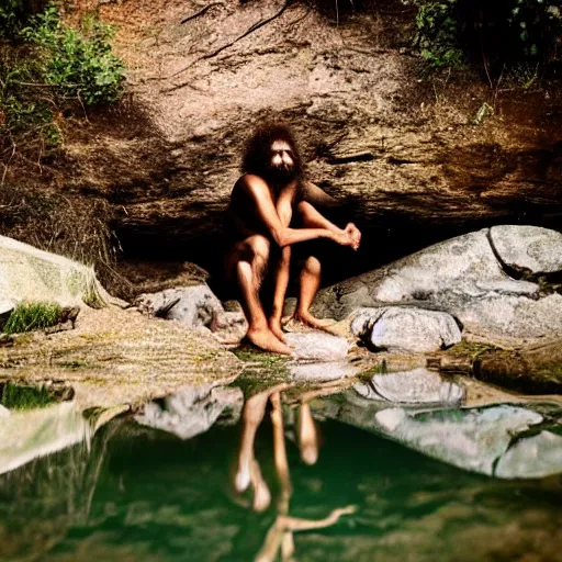 Prompt: a caveman kneeling down at a river, an looking at his own reflection cinematic 3 5 mm 8 k realistic