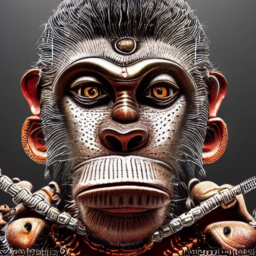 Prompt: biomechanical Hanuman , hyper-realistic portrait, intricate details, supersharp, hypermaximalist, dramatic lighting, hajime sorayama, Indian monkey god, photorealistic hanuman