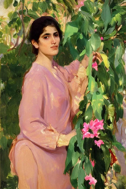 Image similar to portrait of persian girl with arabesque green scarf near bougainvillea and mexican fan palms, painting by john singer sargent