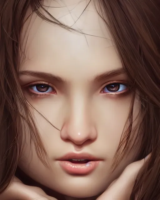 Prompt: 1 5 - year old girl with thick brown hair, large front teeth, and bright piercing brown eyes, hyper realistic face, beautiful eyes, character art, art by artgerm lau and wlop and and ilya kuvshinov and john singer sargent, hyperdetailed, symmetrical, cryengine, trending on artstation, digital art