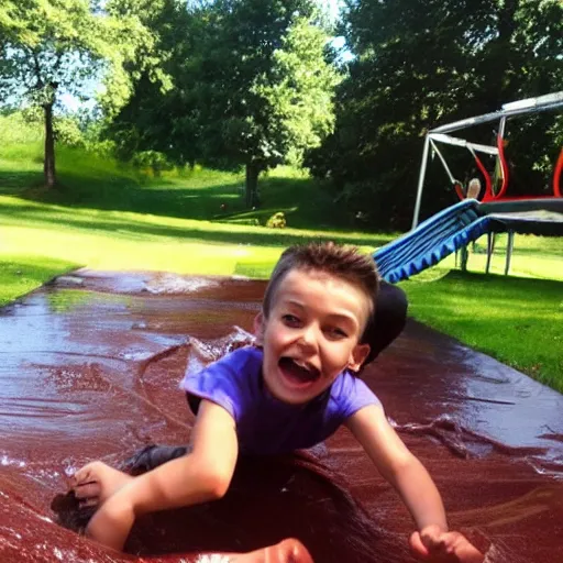 Image similar to kid going down chocolate pudding slip n slide head first, photo taken at the park