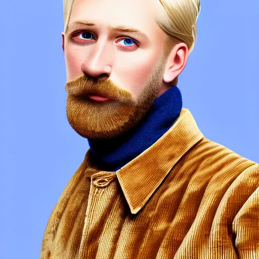 Image similar to A british man, with short blond hair and a very short blond beard wearing a corduroy jacket and turtleneck , blue eyes, pale skin, English heritage, digital art, cartoon, mid-shot, 8k