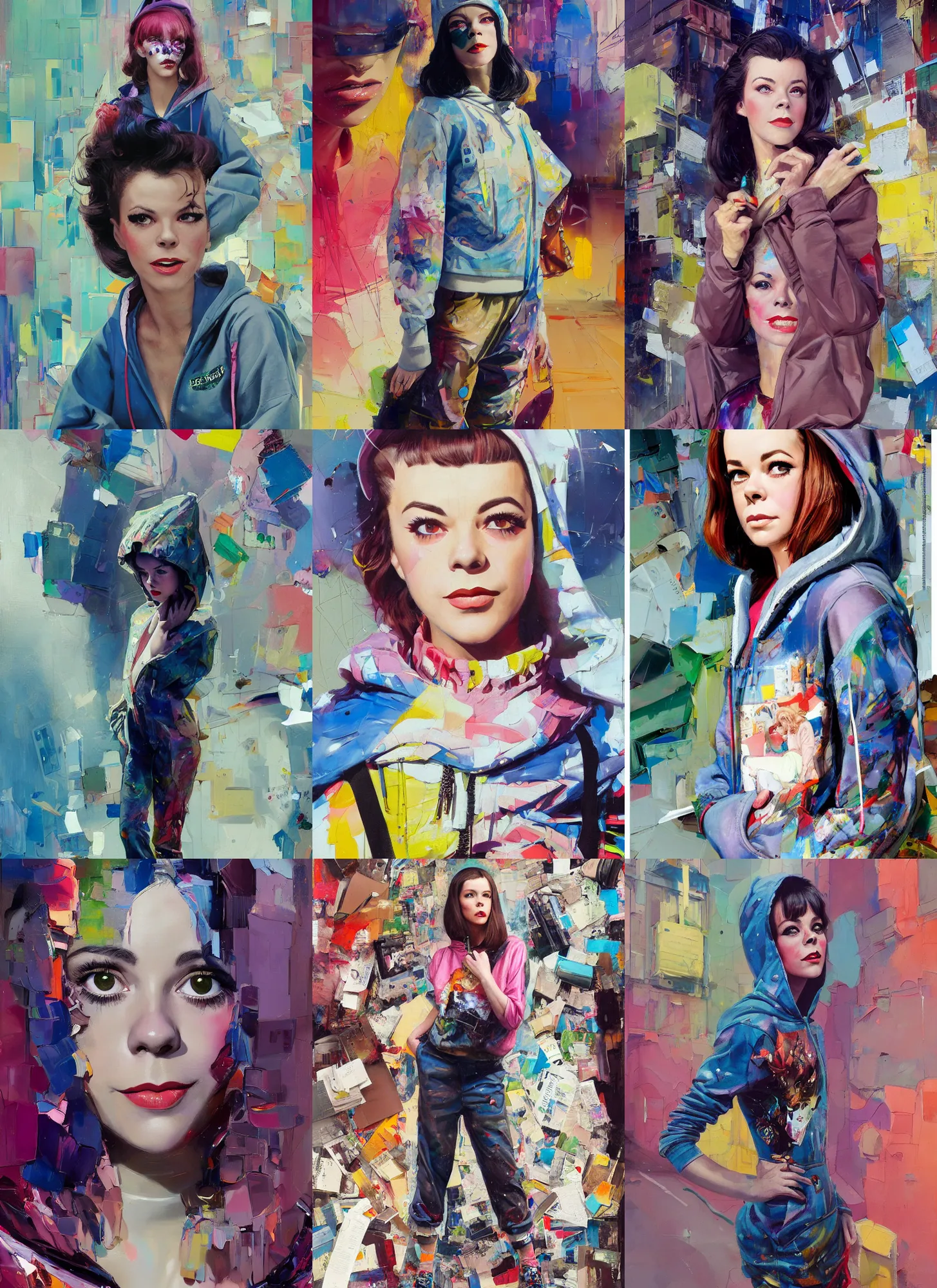 Prompt: 2 5 year old natalie wood in style of martine johanna and donato giancola, wearing hoodie, standing in township street, street fashion outfit,!! haute couture!!, full figure painting by john berkey, david choe, ismail inceoglu, detailed impasto, 2 4 mm, die antwoord music video