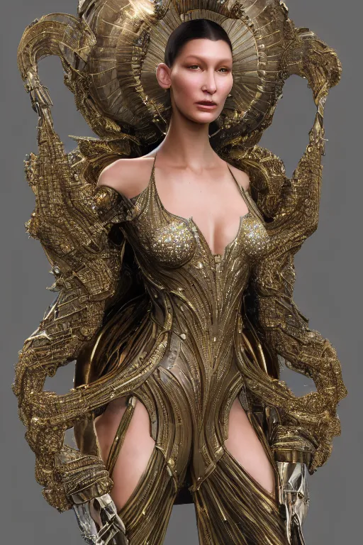 Prompt: a highly detailed medium shot 8 k render of an alien goddess bella hadid in iris van herpen dress schiaparelli armor in diamonds and lots of jewelry in style of alphonse mucha trending on artstation made in unreal engine 4