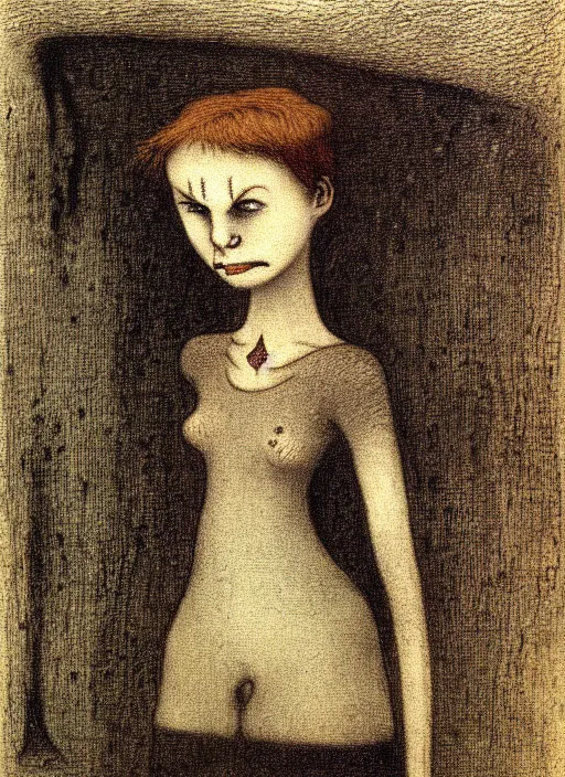 Image similar to a portrait of a pretty sewer punk young lady by alfred kubin