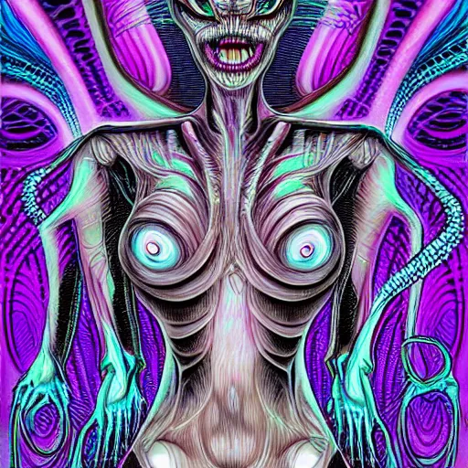 Prompt: closeup of an adorable cyber demoness, cute eldritch, woman alien abomination of unimaginable horror by alex grey and junji ito, speculative evolution, psychedelic illustration, op art brain