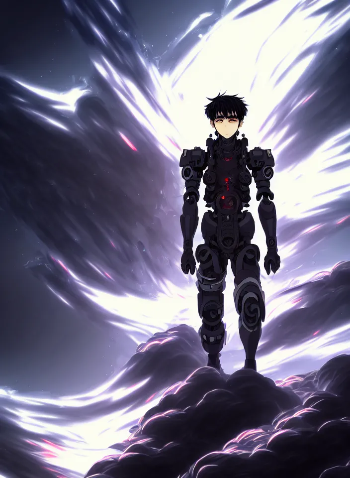 Prompt: a detailed manga illustration character full body portrait of a dark haired cyborg handsome anime man surrounded by clouds of dark smoke and fire, trending on artstation, digital art, 4 k resolution, detailed, high quality, sharp focus, hq artwork, insane detail, concept art, character concept, character illustration, full body illustration, perfect anatomy, cinematic, volumetric lighting