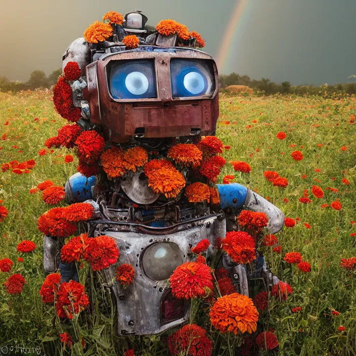 Prompt: closeup portrait of a rusted robot wearing a cloak made of zinnias and rainbows, in an empty field, by Annie Leibovitz and Steve McCurry, natural light, detailed face, CANON Eos C300, ƒ1.8, 35mm, 8K, medium-format print