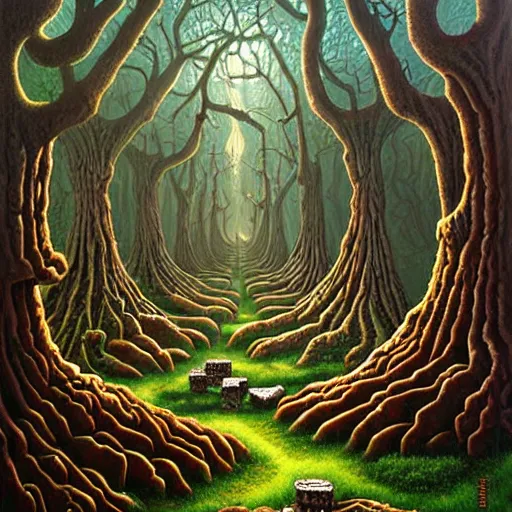 Image similar to an ancient druidic village in the woods, painting by jeffrey smith