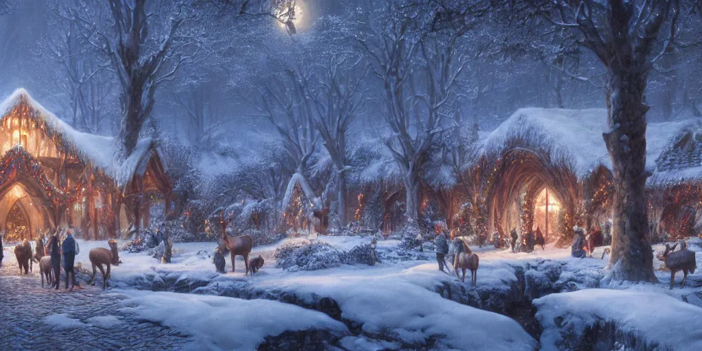 Image similar to Rivendell Christmas winter with deers, detailed matte painting, cinematic, Alan Lee, Artstation