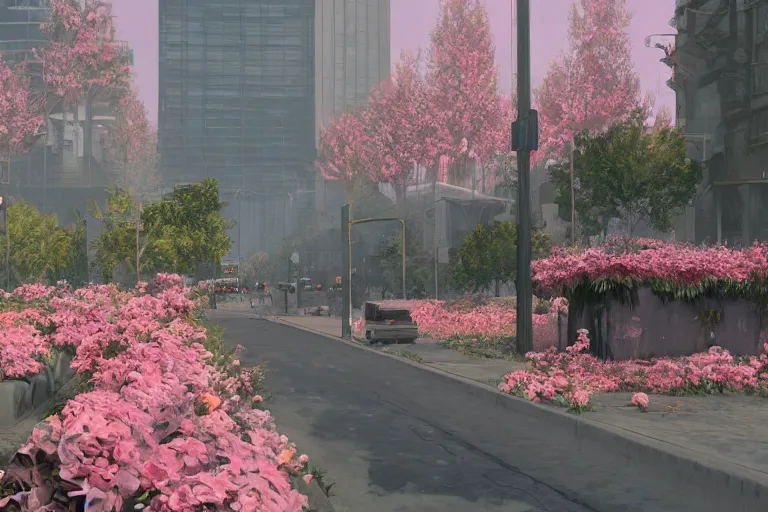 Image similar to city full of pink flowers, apocalypse, realistic, the last of us, trend on artstation, concept art