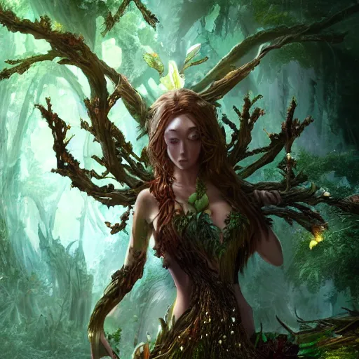 Prompt: elemental guardian of life, forest dryad, woody foliage, 8 k dop dof hdr fantasy character art, by aleski briclot