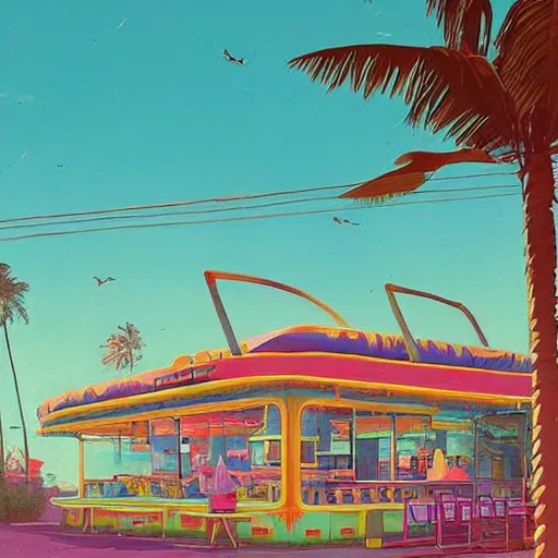 Prompt: psychedelic beachfront fast food restaurant with palm trees by simon stalenhag