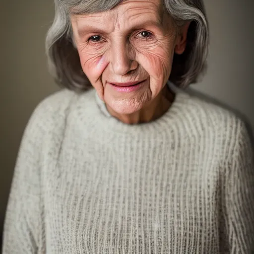 Image similar to Millie Bobby Brown as an old lady, XF IQ4, 150MP, 50mm, F1.4, ISO 200, 1/160s, natural light