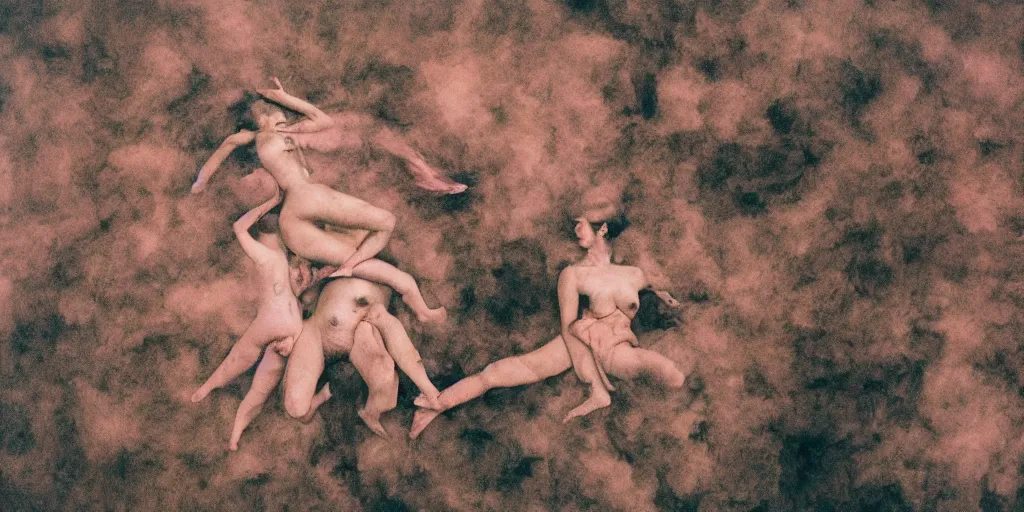 Image similar to flying fat hairy human bodies intertwined in an uneven fog in the style of nobuyoshi araki and klimt