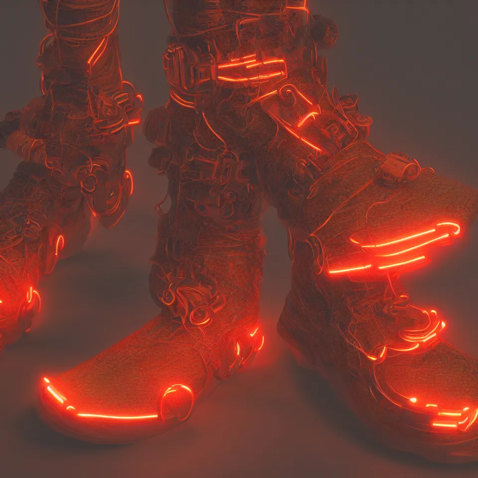 Prompt: realistic 8 k sculpture of a cyberpunk sneaker with neon illuminated rubber soles and soft orange shoelaces, beautiful studio lighting, soft, sharp focus, cyberpunk, intricate detail, gold and red accents, soft rubber, octane render, trending on artstation, deviantart, art by hiroshi fujiwara