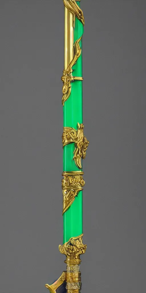 Image similar to photograph of a wide green and teal crystal sword with a big gold sword hilt