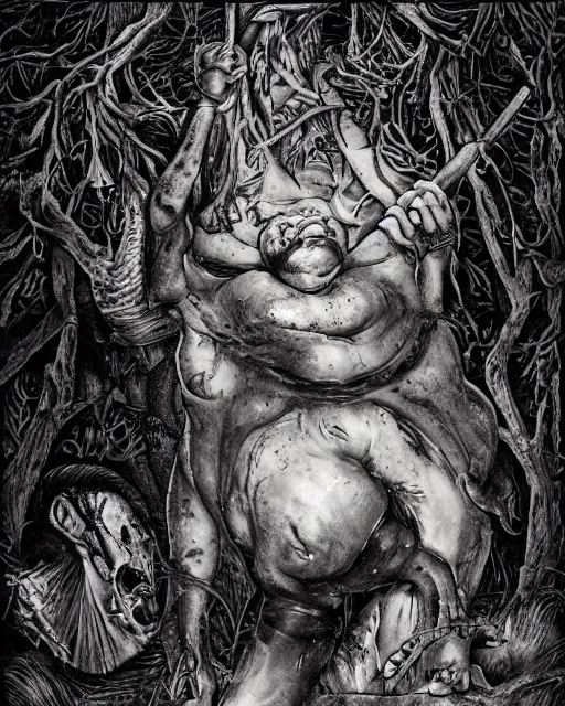 Image similar to highly detailed horror portrait of a morbid obese maked heavy butcher with meat cleaver in dark forest, evil aura