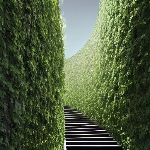 Prompt: a set of stairs with vines growing up them, a raytraced image by Tadao Ando, flickr contest winner, environmental art, streetscape, vray, national geographic photo