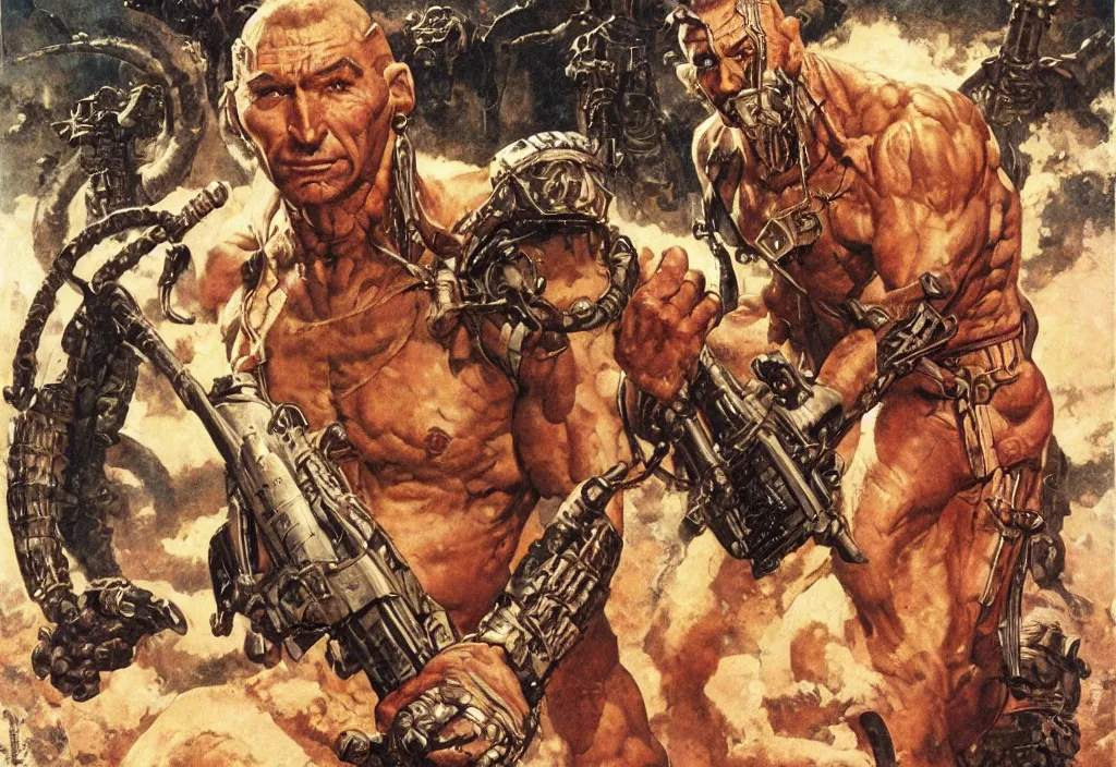 Prompt: focus on older dave bautista as a scfi warrior exploring an alien temple, by norman rockwell and boris vallejo