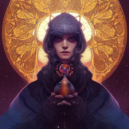 Prompt: Portrait of a pigeon in space, dark fantasy, intricate, elegant, highly detailed, digital painting, artstation, concept art, smooth, sharp focus, illustration, art by Sam Youn and Fernanda Suarez and Artem Demura and alphonse mucha