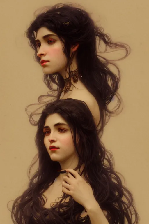 Prompt: portrait, vampire, brown skin, night, long black hair, beautiful, in victorian era new york, jewelry, alphonse mucha, william bouguereau, rossdraws, greg rutkowski, super detailed, realistic, octane render, volumetric, cinematic, 8 k