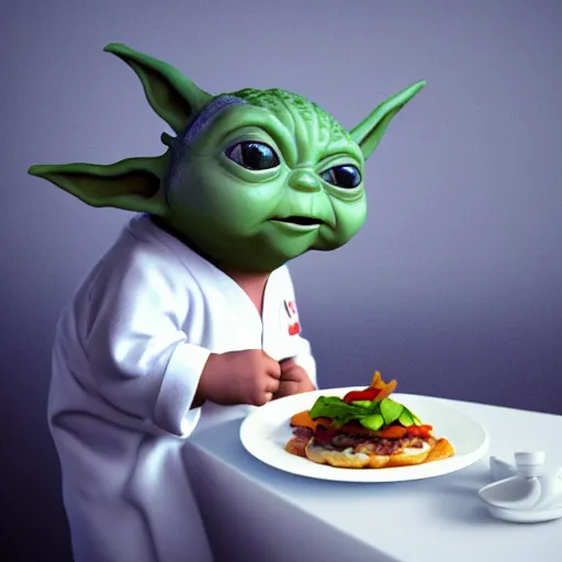 Image similar to curious mouth agape innocent tiny overweight chubby baby yoda as chef wearing white chefs hat and white apron, offering a plate of food, vegetables, photography, hyperrealism, unreal engine, octane 3 d render, houdini, unity 3 d, highres, adobe premier pro, trending on artstation, trending on deviantart