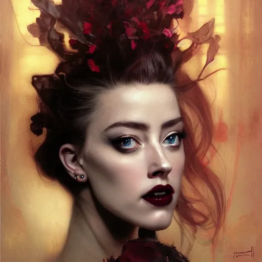 Image similar to hyperrealistic portrait of a woman as amber heard as a vampire witch tears makeup bun in a black flower coat turned back reflection in a window portrait cracks with falling petals. by jeremy mann and alphonse mucha, fantasy art, photo realistic, dynamic lighting, artstation, poster, volumetric lighting, very detailed faces, 4 k, award winning