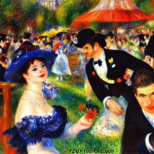 Prompt: Bal du moulin de la Galette, set in 2022 Paris. Impressionist painting, Renoir style.