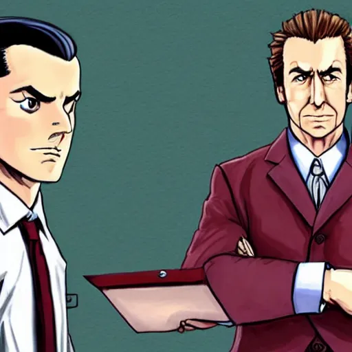 Prompt: phoenix wright and saul goodman, courtroom sketch