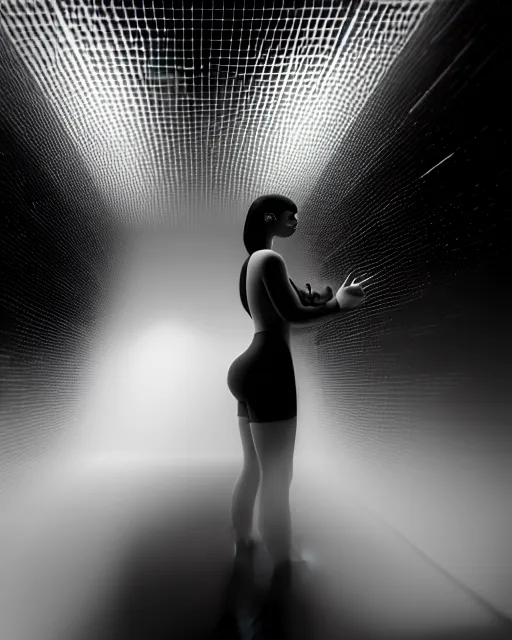 Image similar to black and white high quality photo of a beautiful female AI vegetal-cyborg looking into a sci-fi mirror, volumetric lighting, liminal space, brutalism, foggy, dreamy, hyperdetailed, bokeh, photorealistic, cinematic, masterpiece, Metropolis, elegant, dark, by Fritz Lang in the style of Horst P. Horst, octane render, 8K,