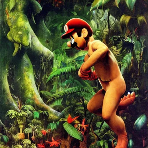 Prompt: super mario lost in mystic jungle on oil painting by frank frazetta