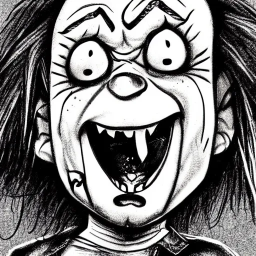 Image similar to grunge cartoon drawing of chucky by - rick and morty , loony toons style, horror themed, detailed, elegant, intricate