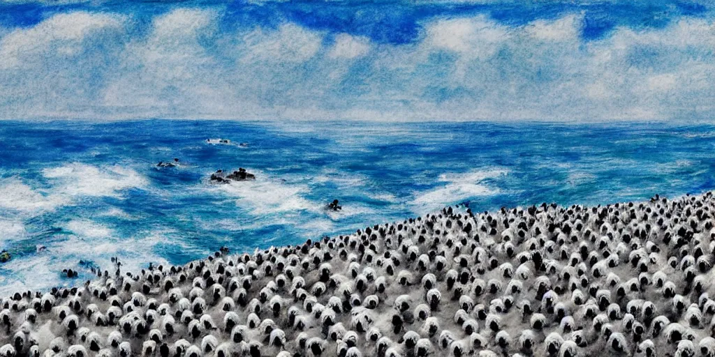 Prompt: eighty white sheep running fast in the direction of a cliff and we can see them falling like lemmings down the rocks below to the sea and facing the crashing white waves, there is one single black sheep going against the crowd, clear blue skies, old colored sketching, lateral sideways panoramic shot