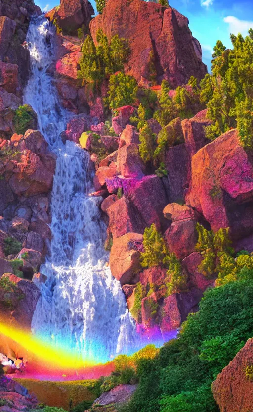 Prompt: looking up to a large rock mountain with a water fall flowing down from the top, the sun is behind it, neon colors, # 8 k, concept art, ultra detailed, photo, award winning