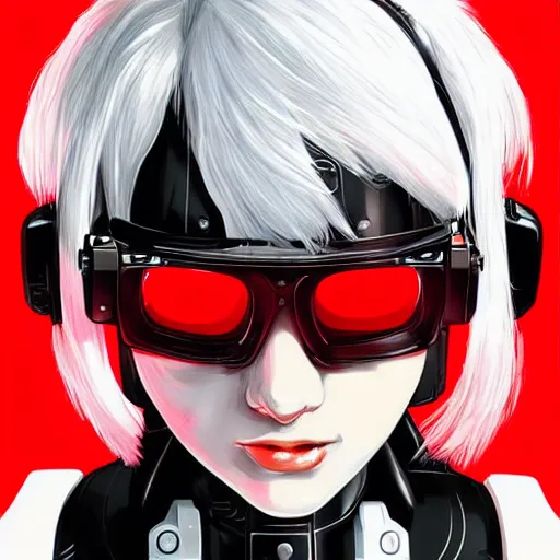 Prompt: anime keyshot of a robocop girl with white hair, red dress, red vr glasses, rough techwear, detailed portrait, intricate complexity, by takato yomamoto, katsushiro otomo, artgerm, ross tran, conrad roset, ilya kuvshinov