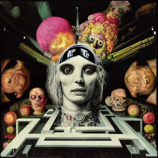 Prompt: post - punk new age album cover, asymmetrical design, dollar bank notes, capitalism, magic stone, amulet, apocalypse, psychedelic, black white pink, magic, giger h. r., giuseppe arcimboldo