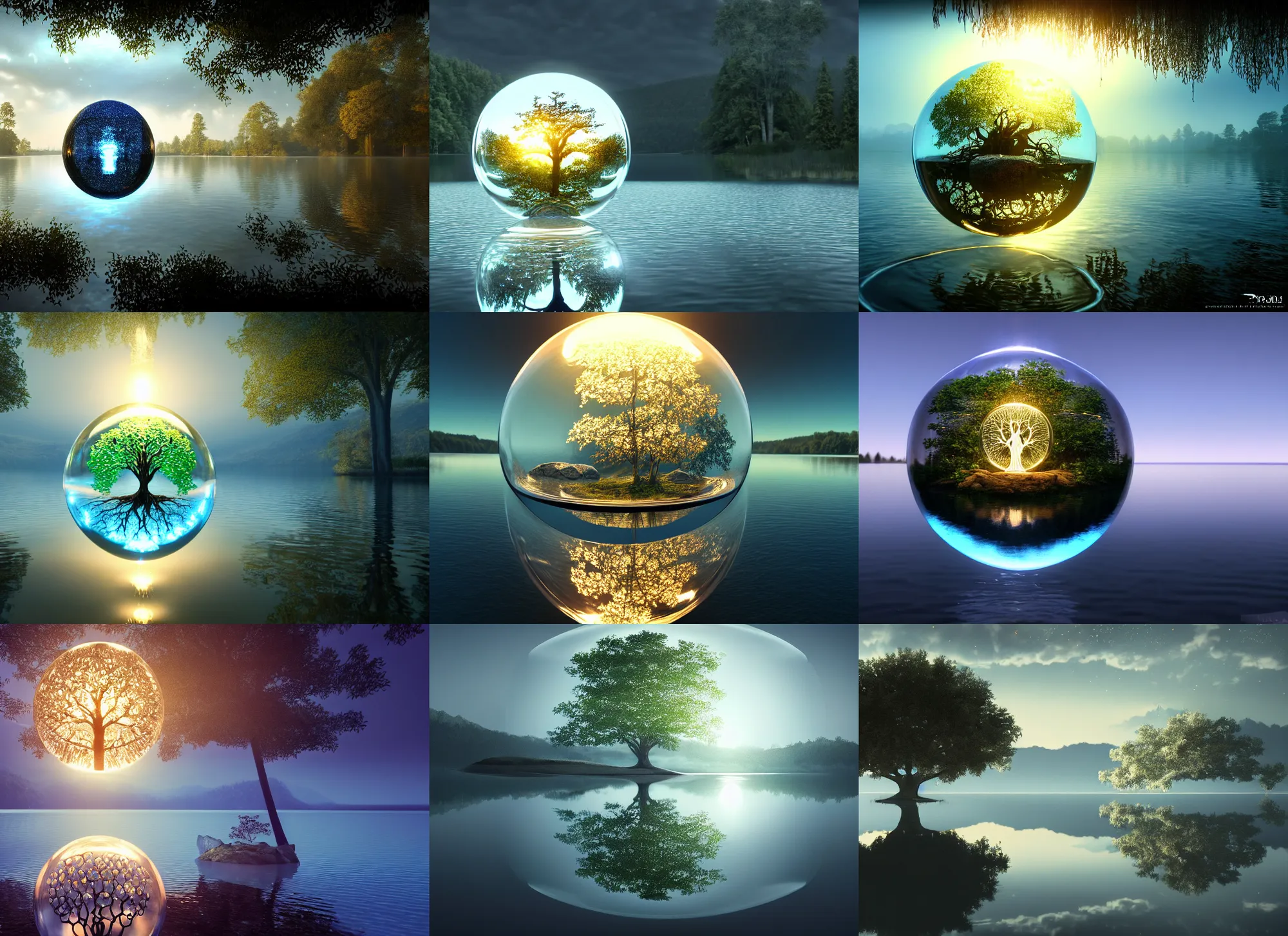 Prompt: glowing transparent crystal ball emerging from a serene lake, radiant light, tree of life inside the ball, intricate details, reflections on the water, ripples, moody sky, hyperdetailed illustration by yuumei, by mark brooks, artstation, unreal engine 5, low global light, coherent composition