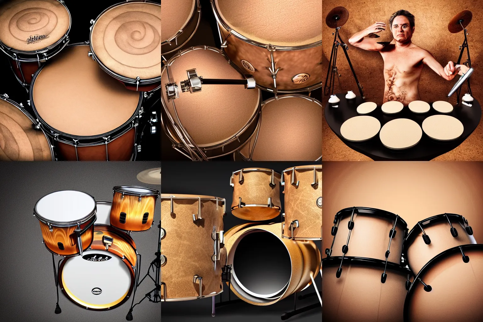 Prompt: drumset made of human body parts, realistic photo, 4 k, highly detailed skin and hair, gross
