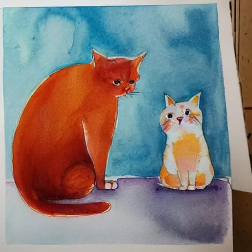 Prompt: A fat, cute orange cat in a beautiful room, cozy, watercolor on paper by ANNA LEA HUCHT, details, lights, beautiful