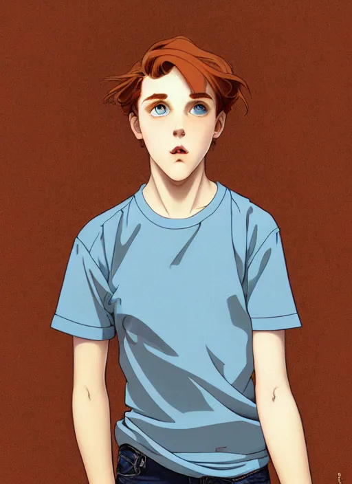 Image similar to art nouveau portrait of a teen boy with completely straight auburn hair, light blue eyes, pale skin, freckles, sad expression, t - shirt, modern casual clothing, natural lighting, path traced, highly detailed, high quality, cartoon, digital painting, by don bluth and ross tran and studio ghibli and alphonse mucha